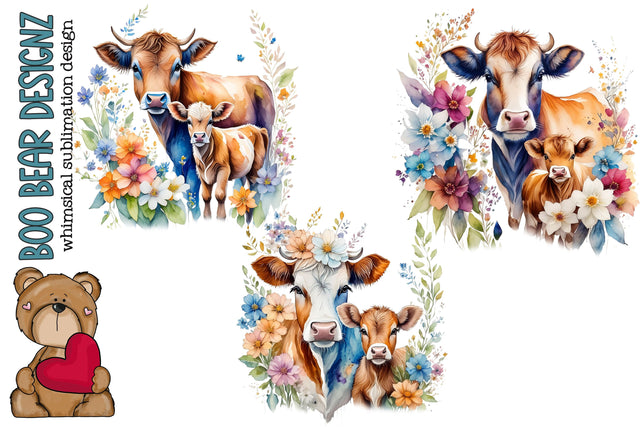 Watercolor Floral Mama Cow Clipart Sublimation Boo Bear Designz 