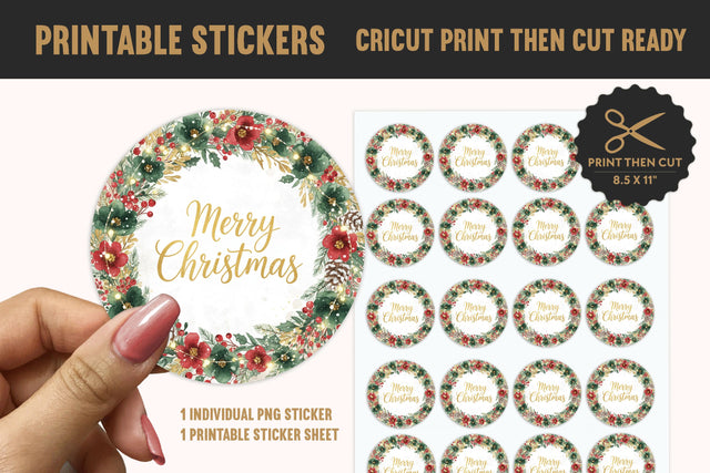 Watercolor Floral "Merry Christmas" Printable Sticker PNG Sublimation BijouBay 