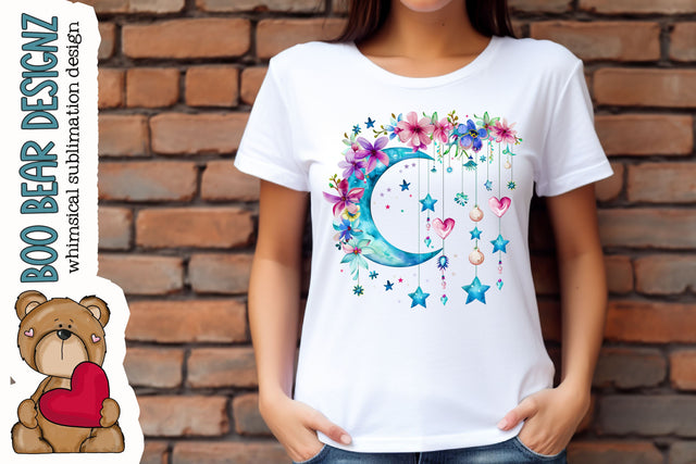 Watercolor Floral Moon Clipart Sublimation Boo Bear Designz 