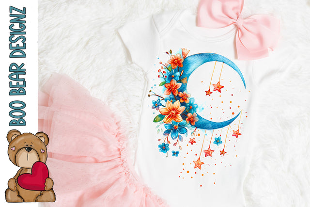 Watercolor Floral Moon Clipart Sublimation Boo Bear Designz 