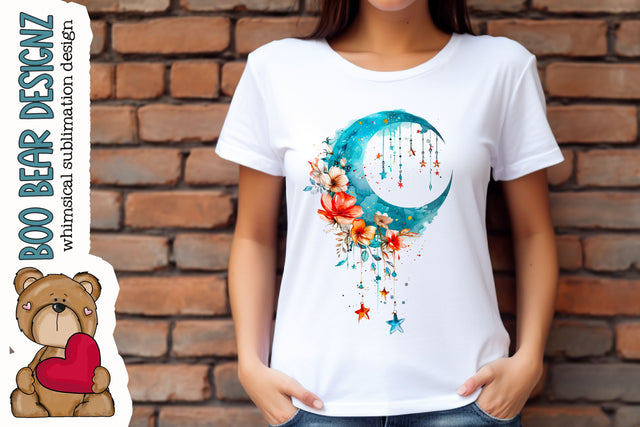 Watercolor Floral Moon CLipart Sublimation Boo Bear Designz 