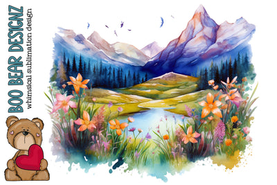 Watercolor Floral Mountains Clipart Sublimation Boo Bear Designz 