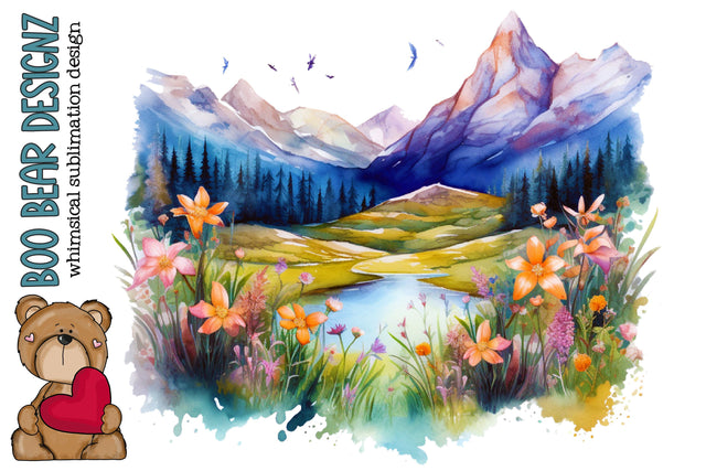 Watercolor Floral Mountains Clipart Sublimation Boo Bear Designz 
