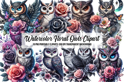 Watercolor Floral Owls Clipart Sublimation Rupkotha 