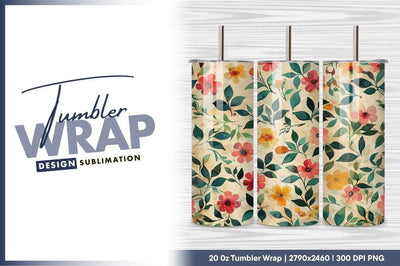 Watercolor floral pattern with leaves tumbler png Sublimation Regulrcrative 