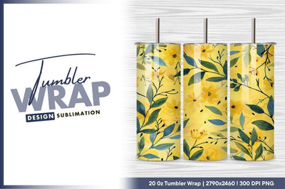 Watercolor Floral Pattern Yellow Flowers and Green Leaves Sublimation Regulrcrative 