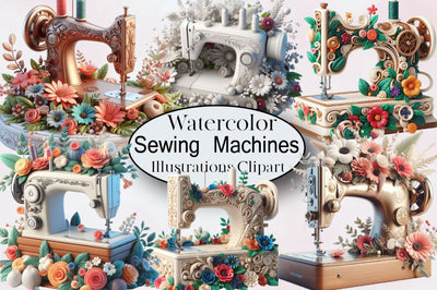 Watercolor Floral Sewing Machines Clipart Bundle Sublimation SVGArt 
