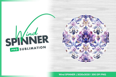 Watercolor Floral Wind Spinner Round Png Design on White Wood Background Sublimation Regulrcrative 
