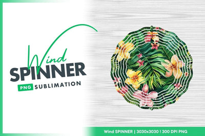 Watercolor Floral Wind Spinner Round Png Design with Tropical Leaves and Flowers Sublimation Regulrcrative 