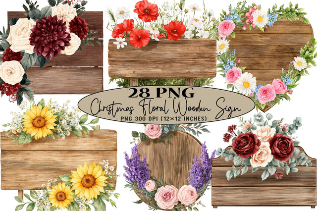 Watercolor Floral Wooden Sign Clipart Sublimation SVGArt 