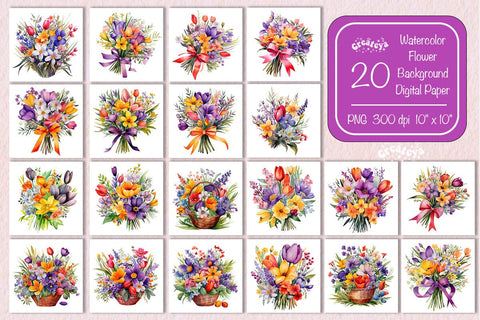 Watercolor Flower bouquet Flower Backgrounds Digital Paper Set PNG Sublimation Createya Design 