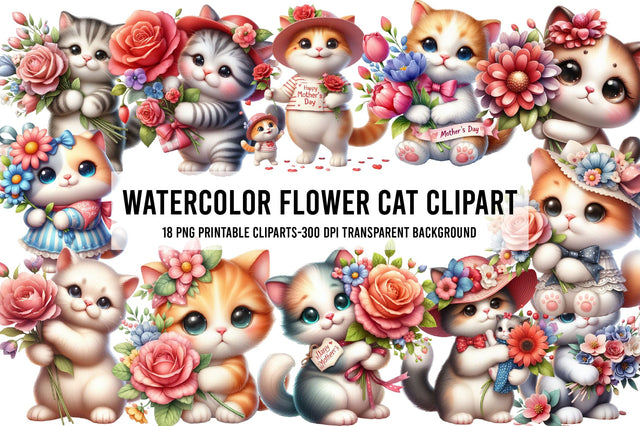 Watercolor Flower Cat Clipart Sublimation Rupkotha 