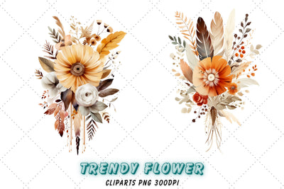 Watercolor Flower Feather Bouquet Clipart - Boho Shabby Floral Wedding with Roses and Flowers, Rustic Wedding Flowers Sublimation FloridPrintables 