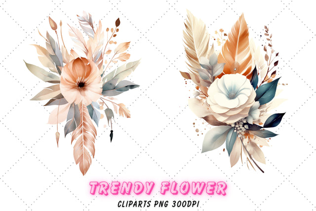 Watercolor Flower & Feather Bouquet Clipart, Flower and Feather Green-Gold Clipart, Wedding Bouquet, Card Making, Scrapbooking, Junk Journal Sublimation FloridPrintables 