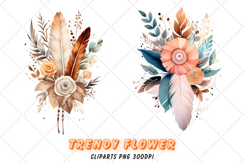 Watercolor flower feather bouquet clipart, Roses and flowers boho clipart, Wedding bouquet, Card making, Scrapbooking, Junk Sublimation FloridPrintables 