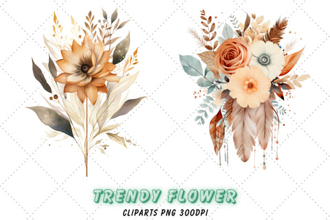 Watercolor Flower Feather Bouquet clipart Set | Flower png Sublimation FloridPrintables 