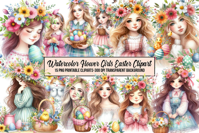 Watercolor Flower Girls Easter Clipart Sublimation Rupkotha 