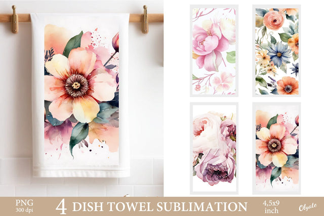 Watercolor Flower Sublimation. Kitchen Dish Towel PNG Sublimation Olga Terlyanskaya 