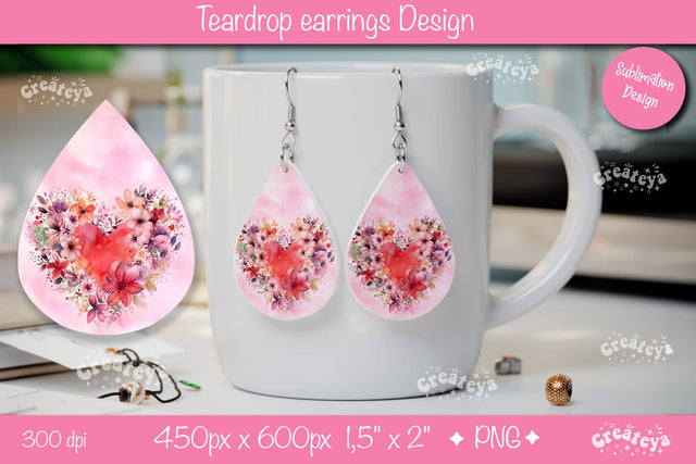 Watercolor Flower Teardrop Earrings – Heart Valentine Design Sublimation Createya Design 
