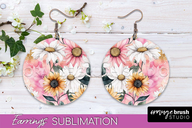 Watercolor Flowers Earrings, Pink Floral Earring Sublimation Sublimation OrangeBrushStudio 