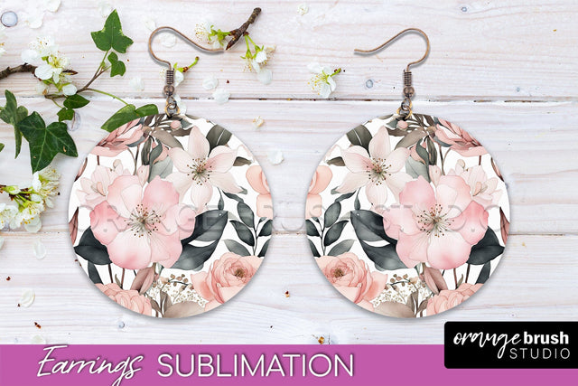 Watercolor Flowers Earrings, Pink Floral Earring Sublimation Sublimation OrangeBrushStudio 