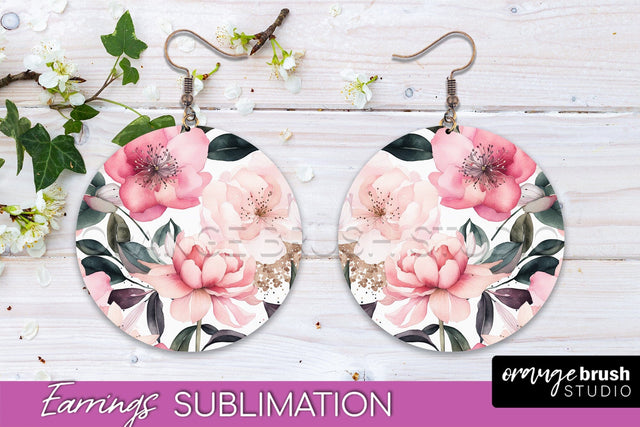 Watercolor Flowers Earrings, Pink Floral Earring Sublimation Sublimation OrangeBrushStudio 