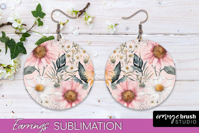 Watercolor Flowers Earrings, Pink Floral Earring Sublimation Sublimation OrangeBrushStudio 