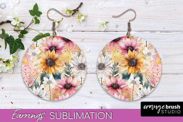 Watercolor Flowers Earrings, Pink Floral Earring Sublimation Sublimation OrangeBrushStudio 