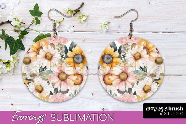 Watercolor Flowers Earrings, Pink Floral Earring Sublimation Sublimation OrangeBrushStudio 