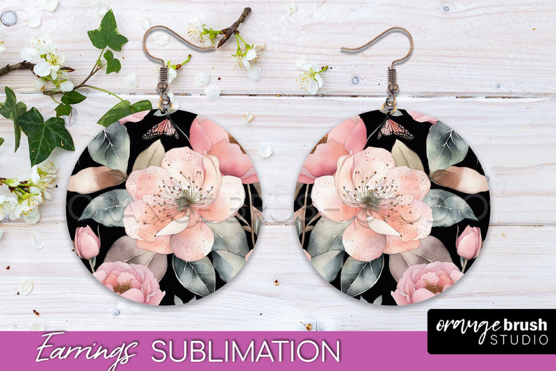 Watercolor Flowers Earrings, Pink Floral Earring Sublimation Sublimation OrangeBrushStudio 