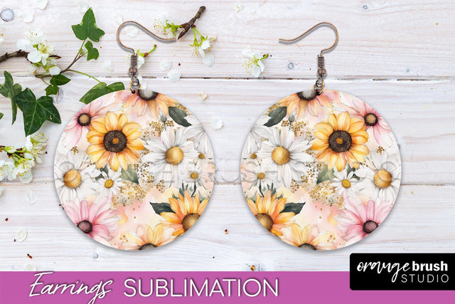 Watercolor Flowers Earrings, Pink Floral Earring Sublimation Sublimation OrangeBrushStudio 