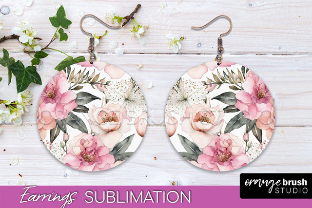 Watercolor Flowers Earrings, Pink Floral Earring Sublimation Sublimation OrangeBrushStudio 