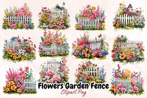Watercolor Flowers Garden Fence Sublimation Clipart Bundle Sublimation Designangry 