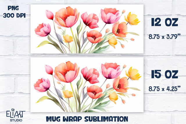Watercolor Flowers Mug Sublimation, Flowers Mug Wrap. Sublimation Elinorka 