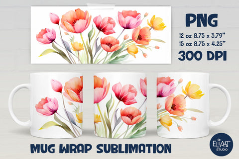 Watercolor Flowers Mug Sublimation, Flowers Mug Wrap. Sublimation Elinorka 