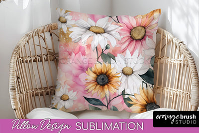 Watercolor Flowers Pillow Cover - Summer Pillow Sublimation Sublimation OrangeBrushStudio 