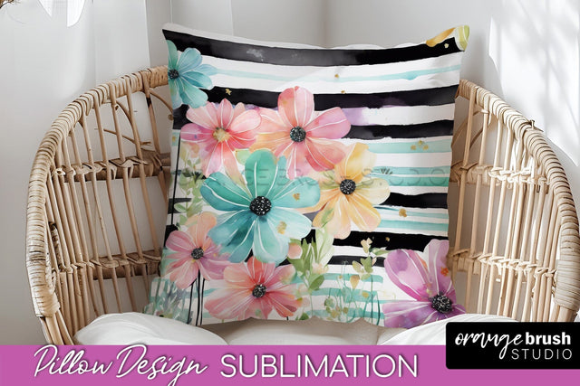 Watercolor Flowers Pillow Cover - Summer Pillow Sublimation Sublimation OrangeBrushStudio 