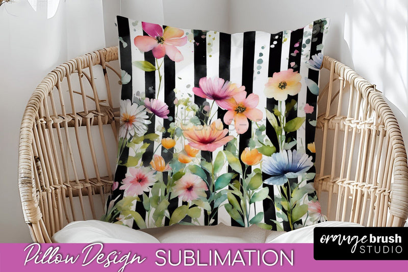 Watercolor Flowers Pillow Cover - Summer Pillow Sublimation Sublimation OrangeBrushStudio 