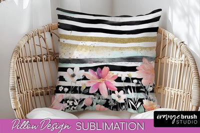 Watercolor Flowers Pillow Cover - Summer Pillow Sublimation Sublimation OrangeBrushStudio 