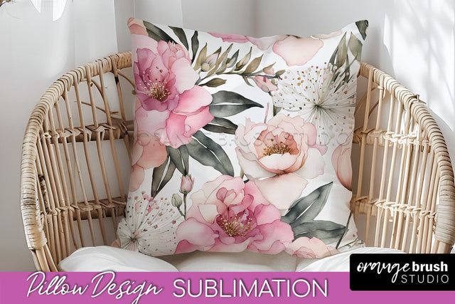 Watercolor Flowers Pillow Cover - Summer Pillow Sublimation Sublimation OrangeBrushStudio 