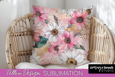 Watercolor Flowers Pillow Cover - Summer Pillow Sublimation Sublimation OrangeBrushStudio 