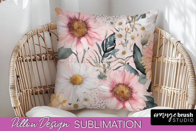 Watercolor Flowers Pillow Cover - Summer Pillow Sublimation Sublimation OrangeBrushStudio 