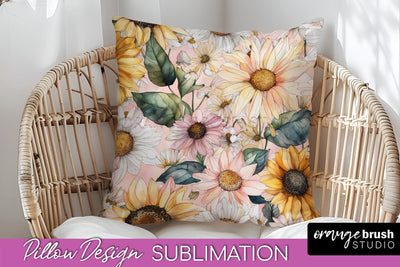 Watercolor Flowers Pillow Cover - Summer Pillow Sublimation Sublimation OrangeBrushStudio 