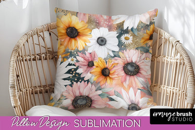 Watercolor Flowers Pillow Cover - Summer Pillow Sublimation Sublimation OrangeBrushStudio 