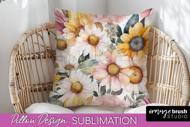 Watercolor Flowers Pillow Cover - Summer Pillow Sublimation Sublimation OrangeBrushStudio 
