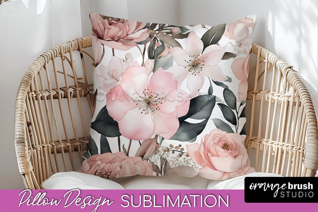 Watercolor Flowers Pillow Cover - Summer Pillow Sublimation Sublimation OrangeBrushStudio 