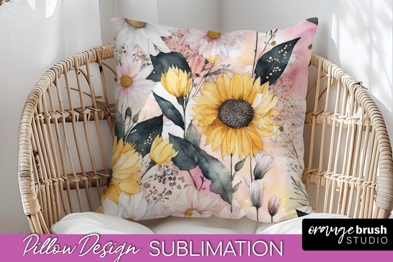 Watercolor Flowers Pillow Cover - Summer Pillow Sublimation Sublimation OrangeBrushStudio 