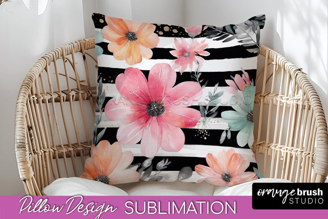 Watercolor Flowers Pillow Cover - Summer Pillow Sublimation Sublimation OrangeBrushStudio 