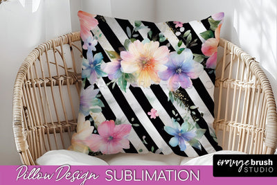 Watercolor Flowers Pillow Cover - Summer Pillow Sublimation Sublimation OrangeBrushStudio 