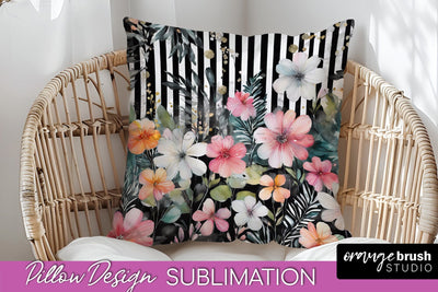 Watercolor Flowers Pillow Cover - Summer Pillow Sublimation Sublimation OrangeBrushStudio 